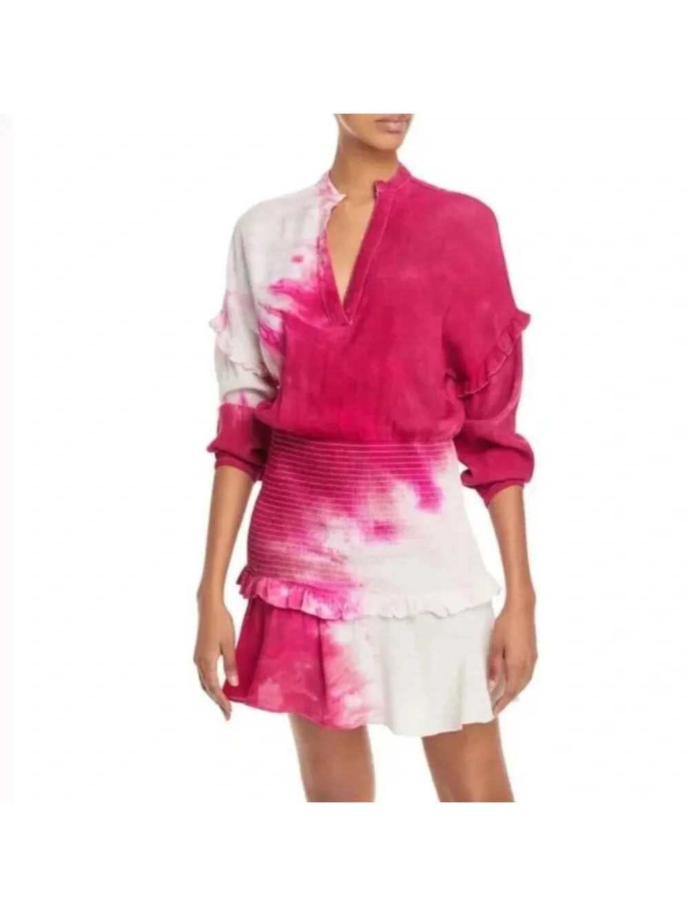 NEW Aqua Medium $138 Hot Pink White Ombre Tie Dye V-Neck Rouched Cocktail Dress